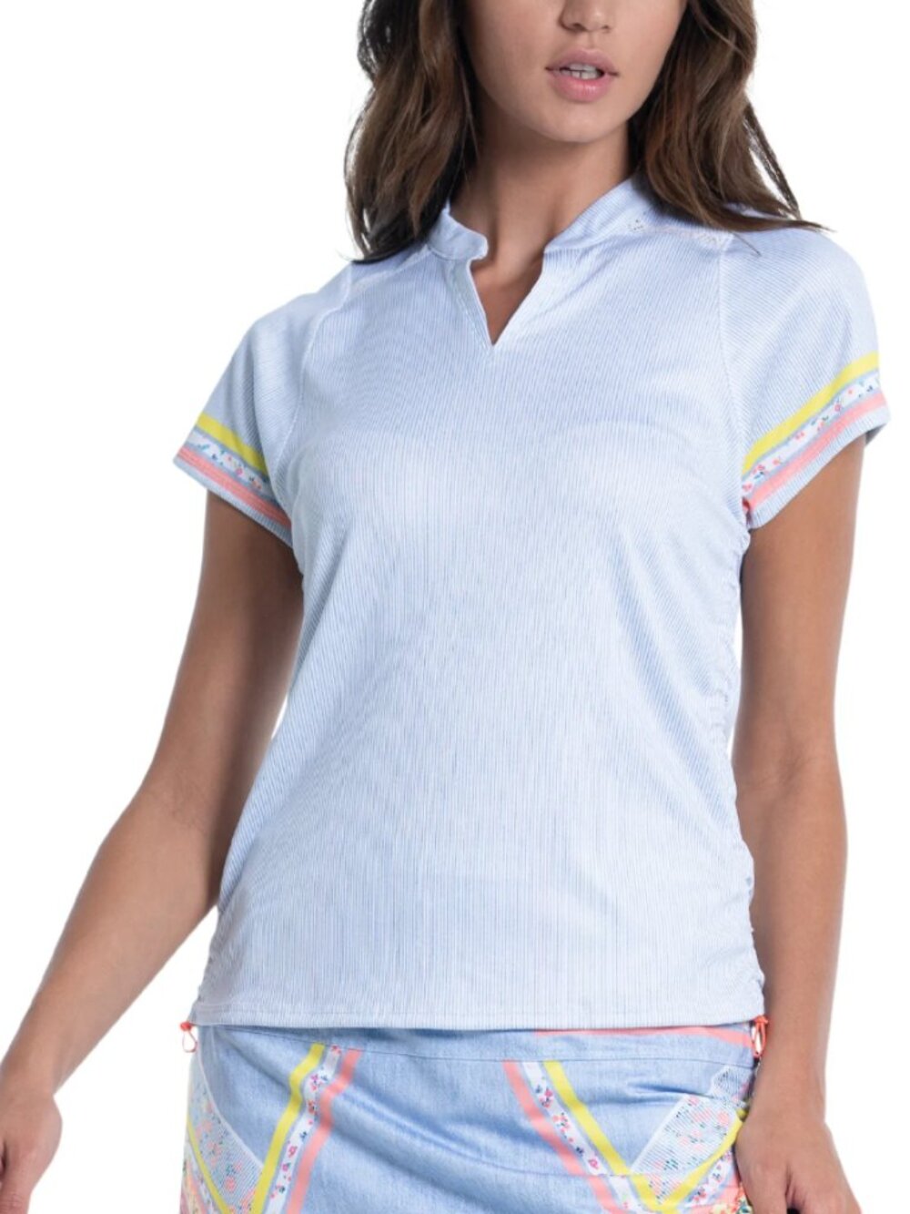 Lucky In Love Chambray Blossom Tennis Top Notch V-Neck Stripes Lace Womens M‎